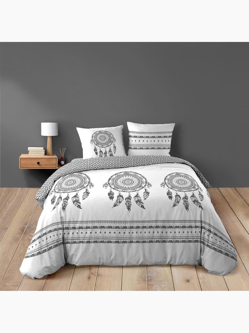 Ensemble parure de couette + drap housse - Coton - Indian dream gris anthracite - Kiabi