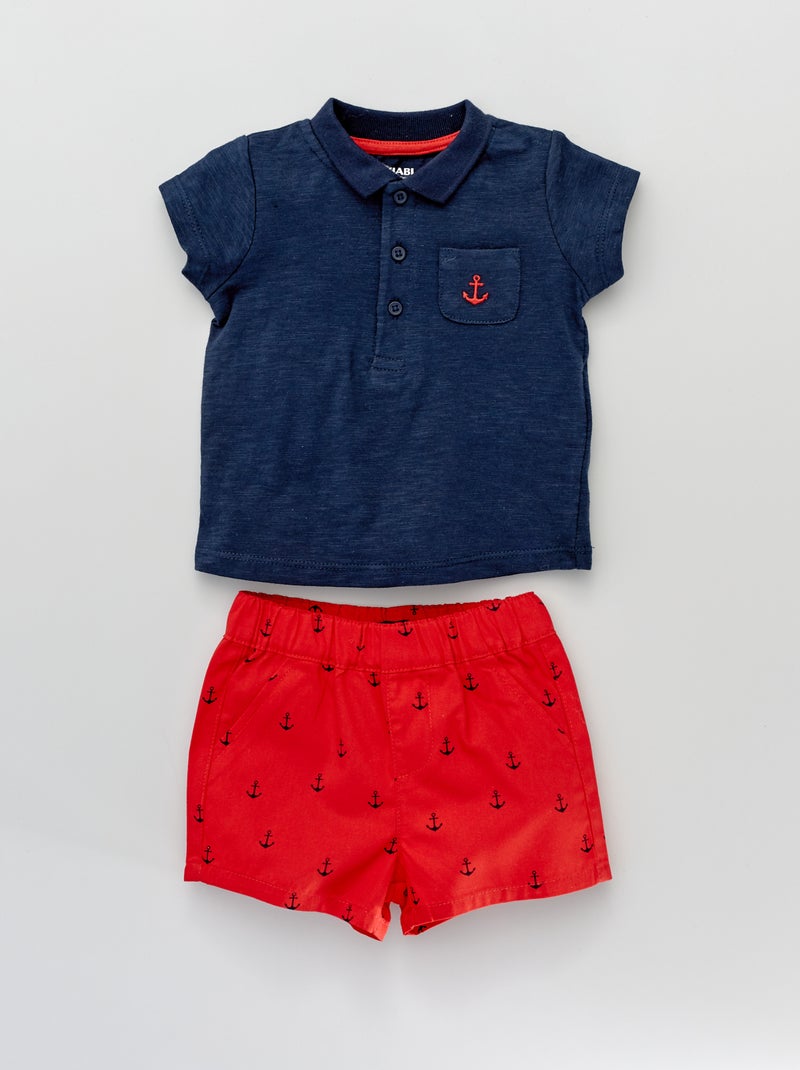 Ensemble polo brodé + short rouge/marine - Kiabi