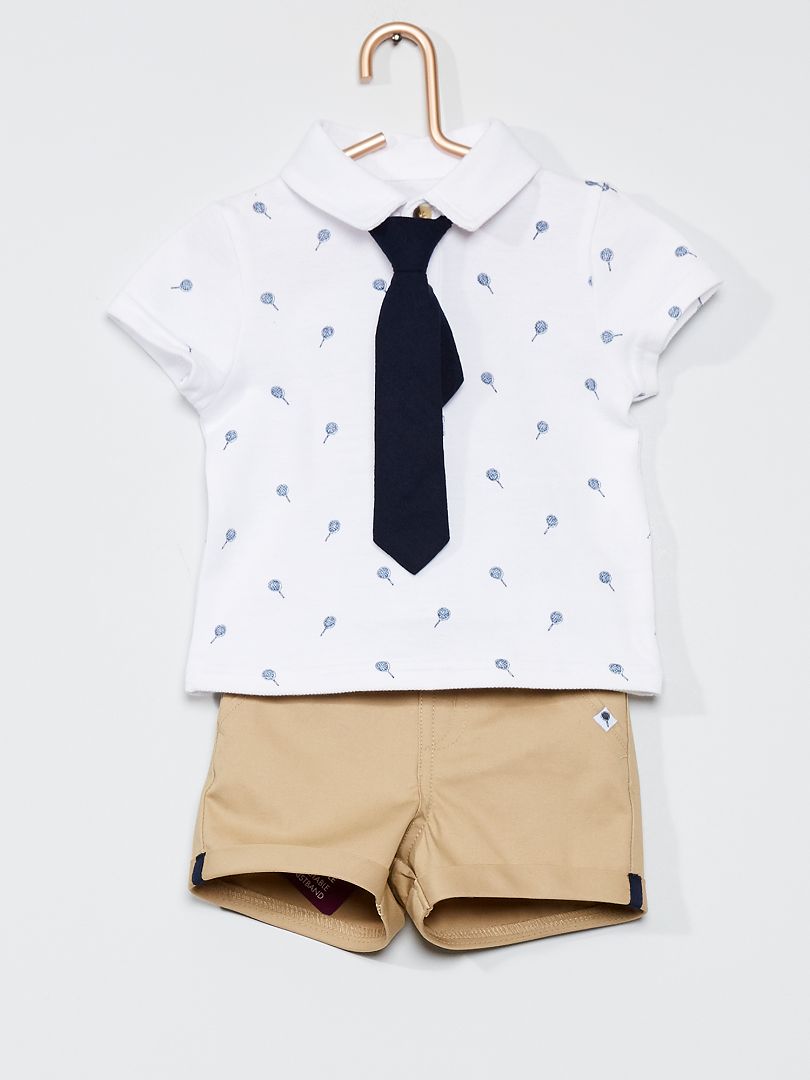 Ensemble polo + short + cravate blanc/beige/bleu marine - Kiabi