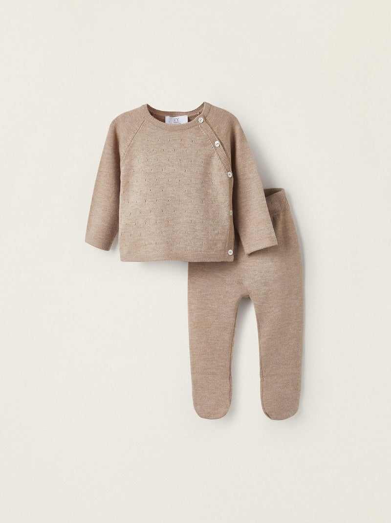 Ensemble Pull + Pantalon en Maille avec Cachemire com Pieds pour Nouveau-Né   WELCOME HOME Beige - Kiabi