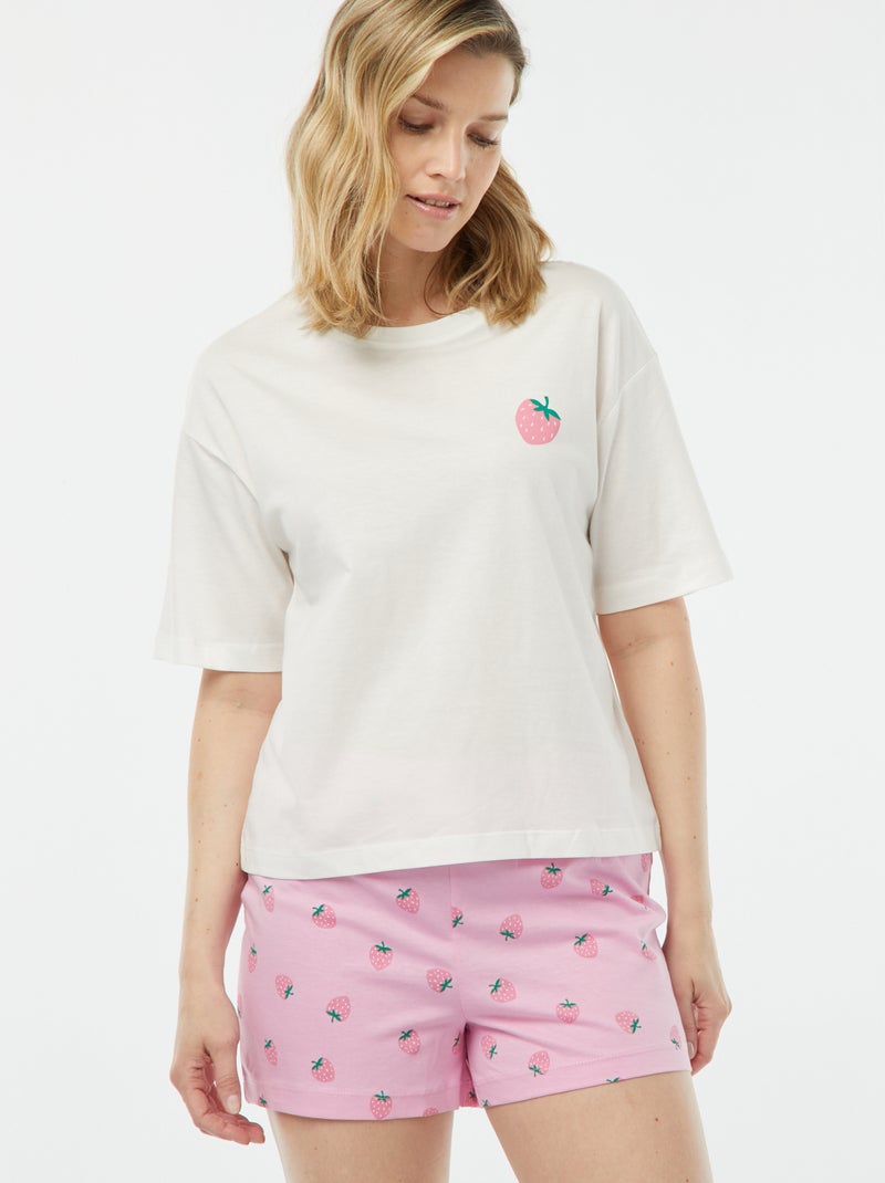 Ensemble pyjama - tee-shirt + short imprimé Blanc/rose - Kiabi