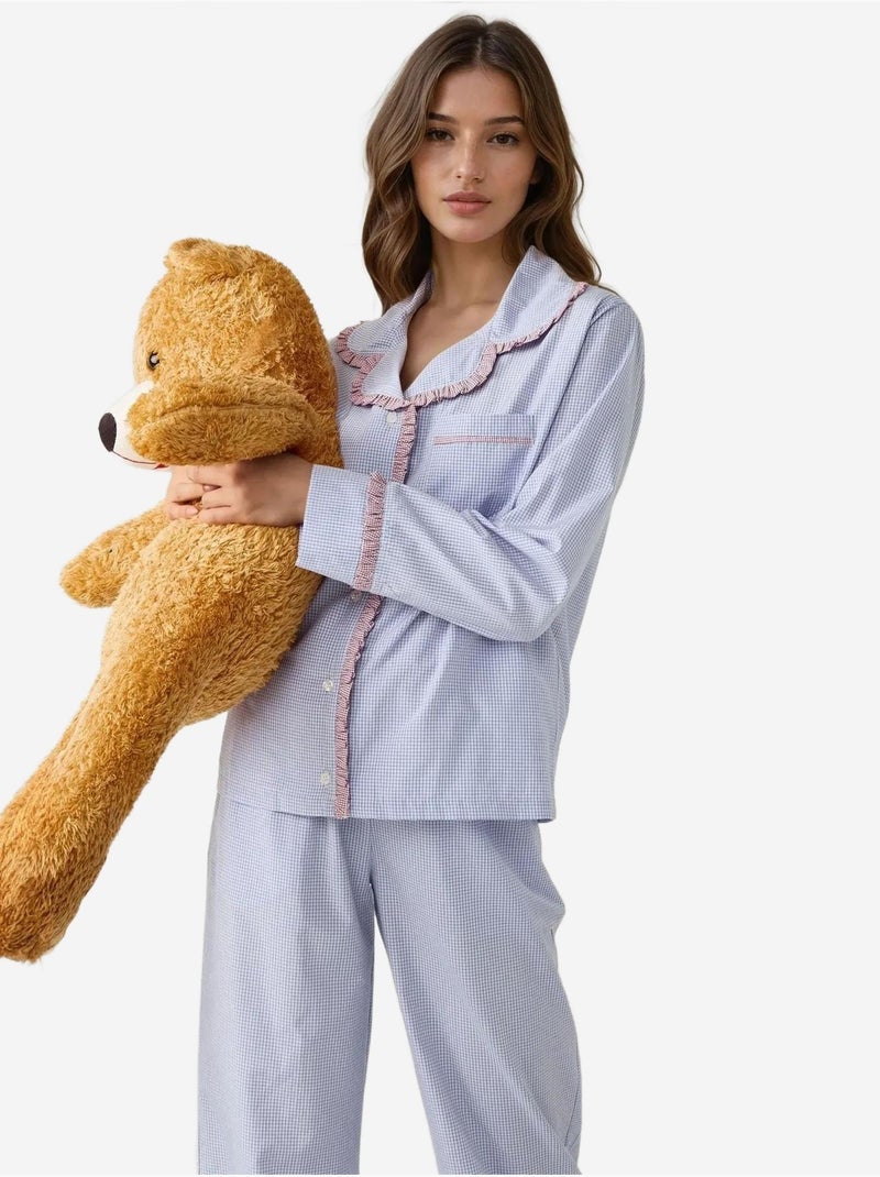 Ensemble pyjama à carreaux et col chemise Bleu clair - Kiabi