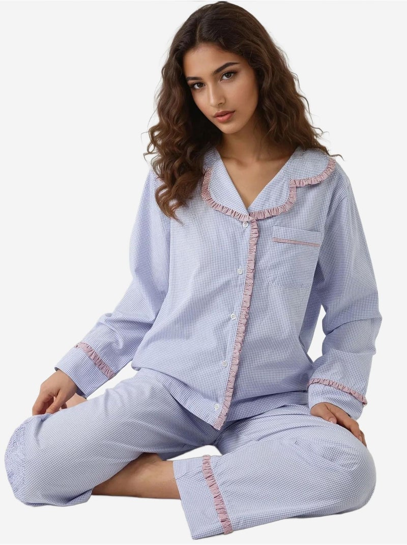 Ensemble pyjama à carreaux et col chemise Bleu clair - Kiabi