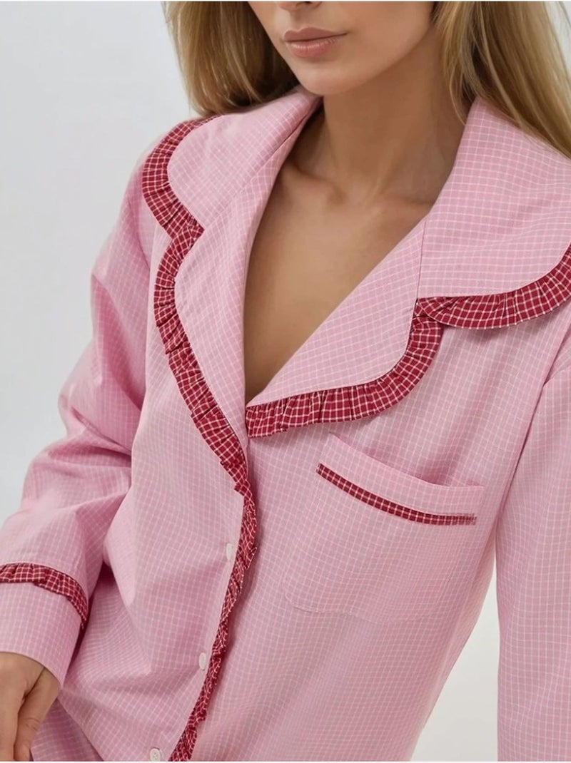 Ensemble pyjama à carreaux et col chemise Rose - Kiabi