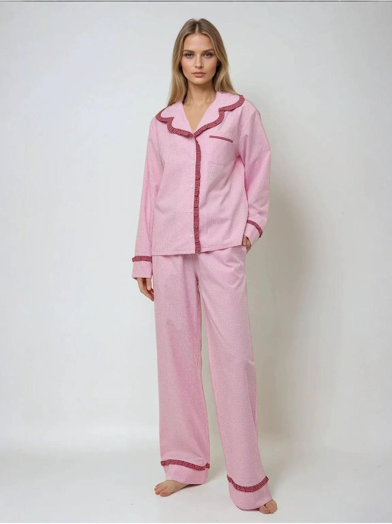 Ensemble pyjama à carreaux et col chemise Rose - Kiabi