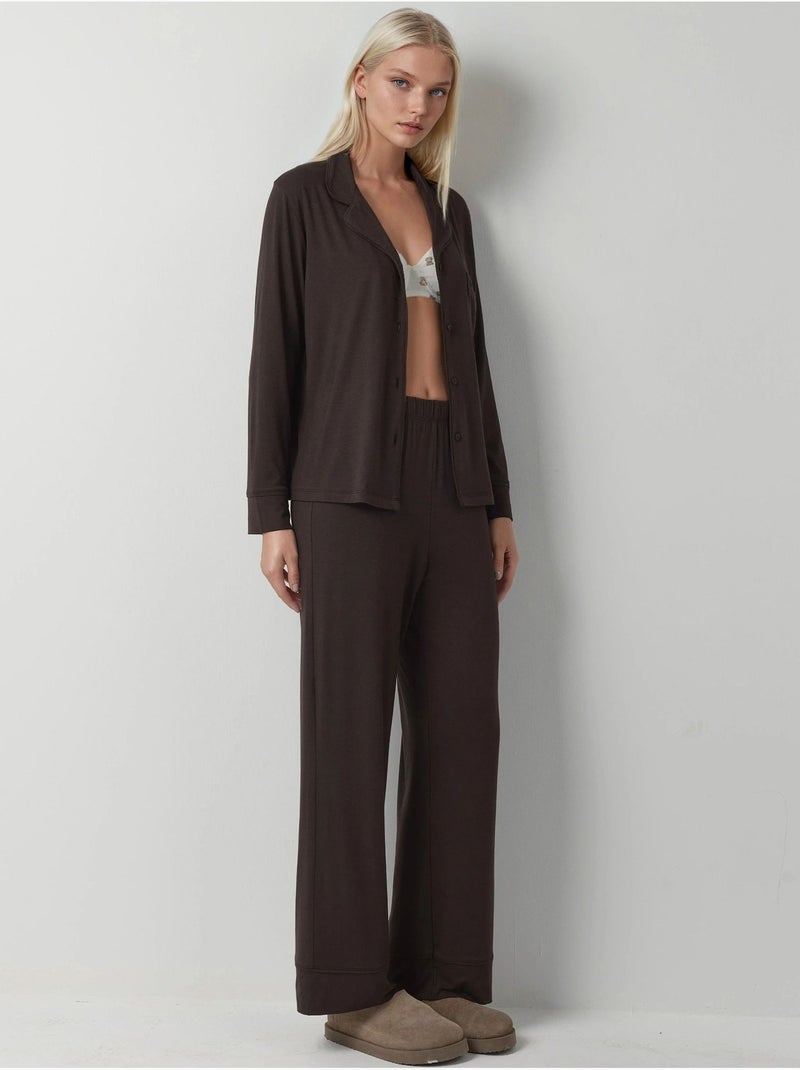 Ensemble pyjama à manches longues boutonnées et col chemise Marron foncé - Kiabi