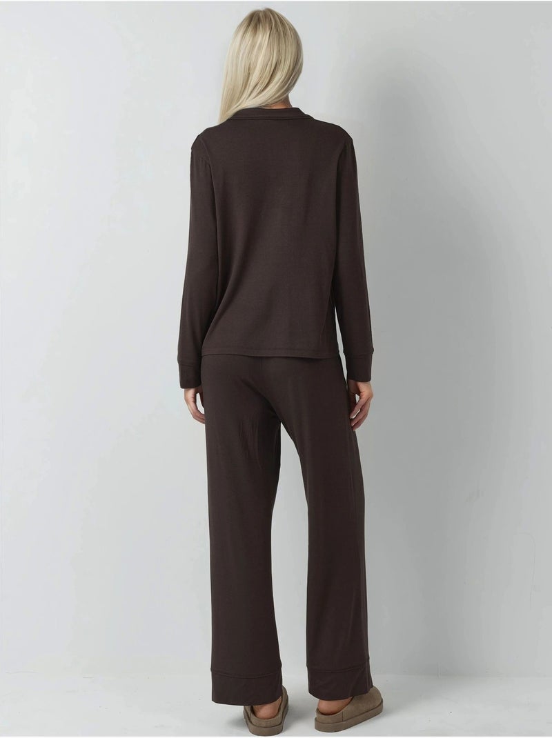 Ensemble pyjama à manches longues boutonnées et col chemise Marron foncé - Kiabi