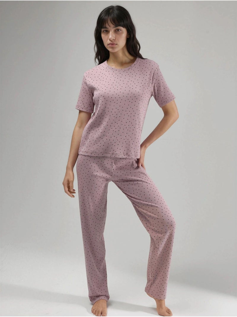 Ensemble pyjama à taille haute et col rond, à motifs Vieux rose - Kiabi