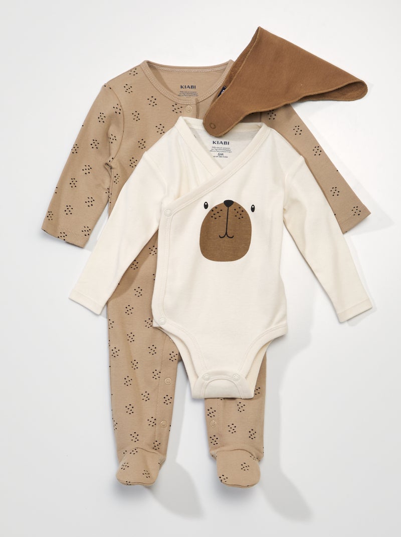 Ensemble pyjama + body + bavoir 'chien' Marron/beige - Kiabi