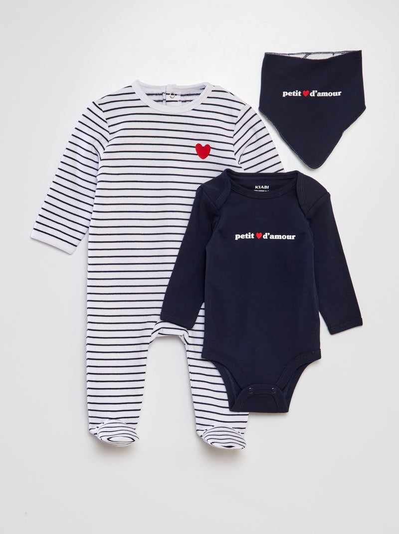 Ensemble pyjama + body + bavoir 'petit coeur d'amour' Blanc/marine - Kiabi