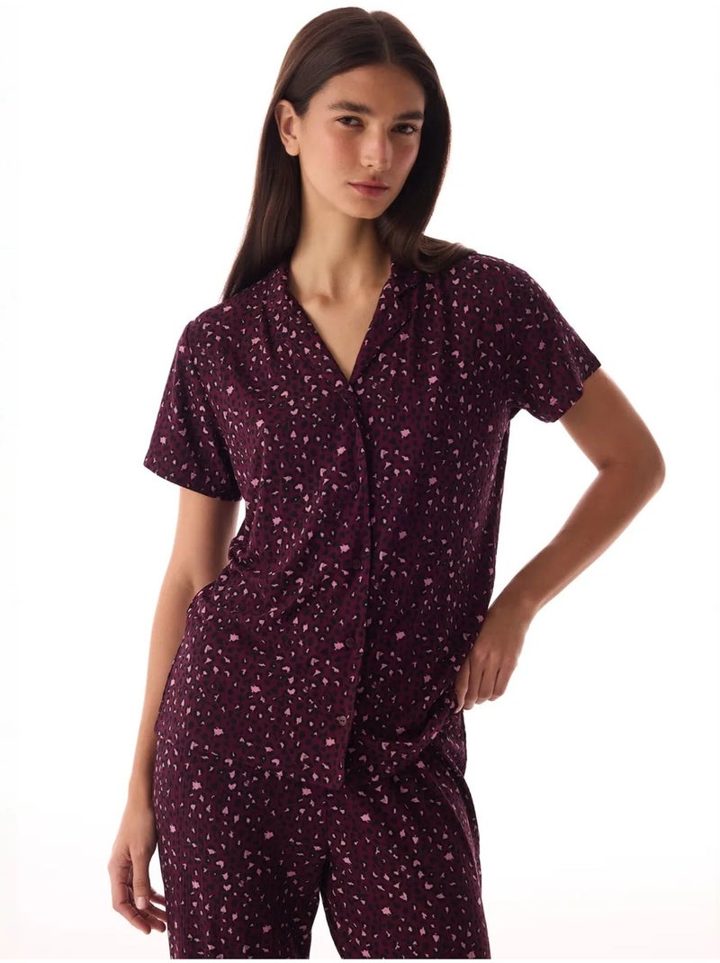 Ensemble pyjama chemise et pantalon à motif léopard, côtelé, manches courtes penti Rouge bordeaux - Kiabi