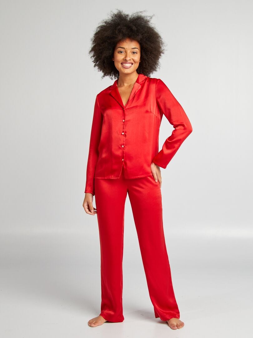 Ensemble pyjama chemise + pantalon en satin Rouge - Kiabi