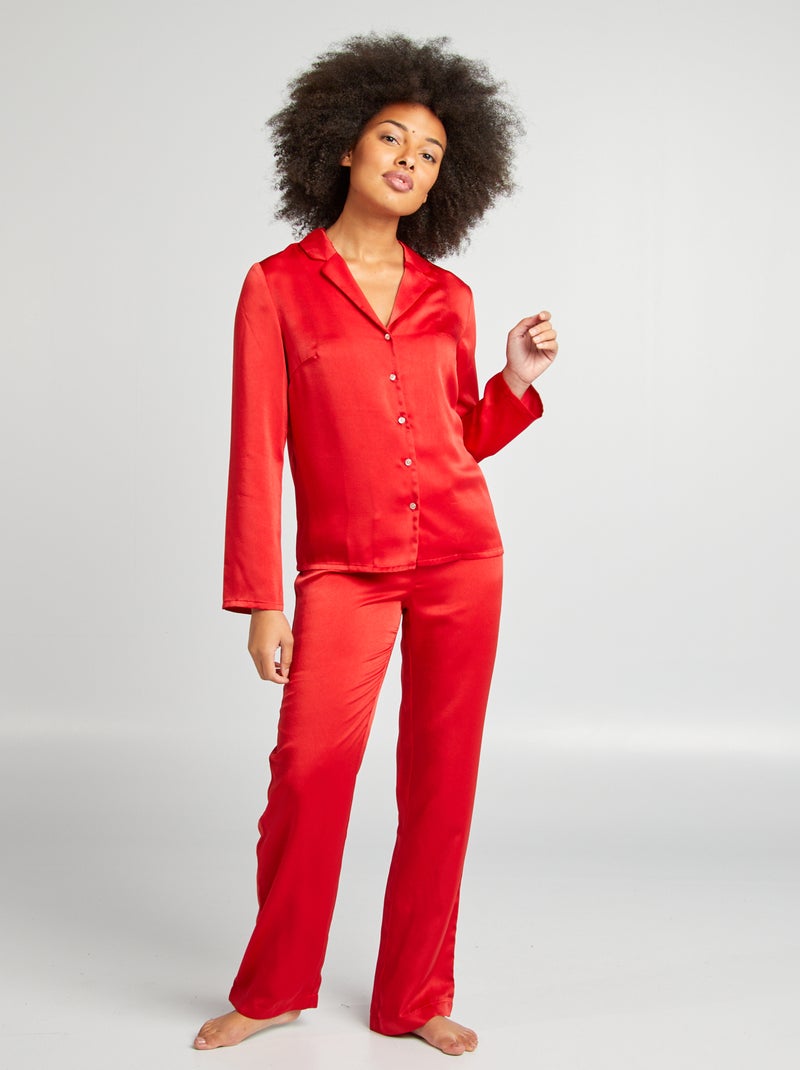 Ensemble pyjama chemise + pantalon en satin Rouge - Kiabi