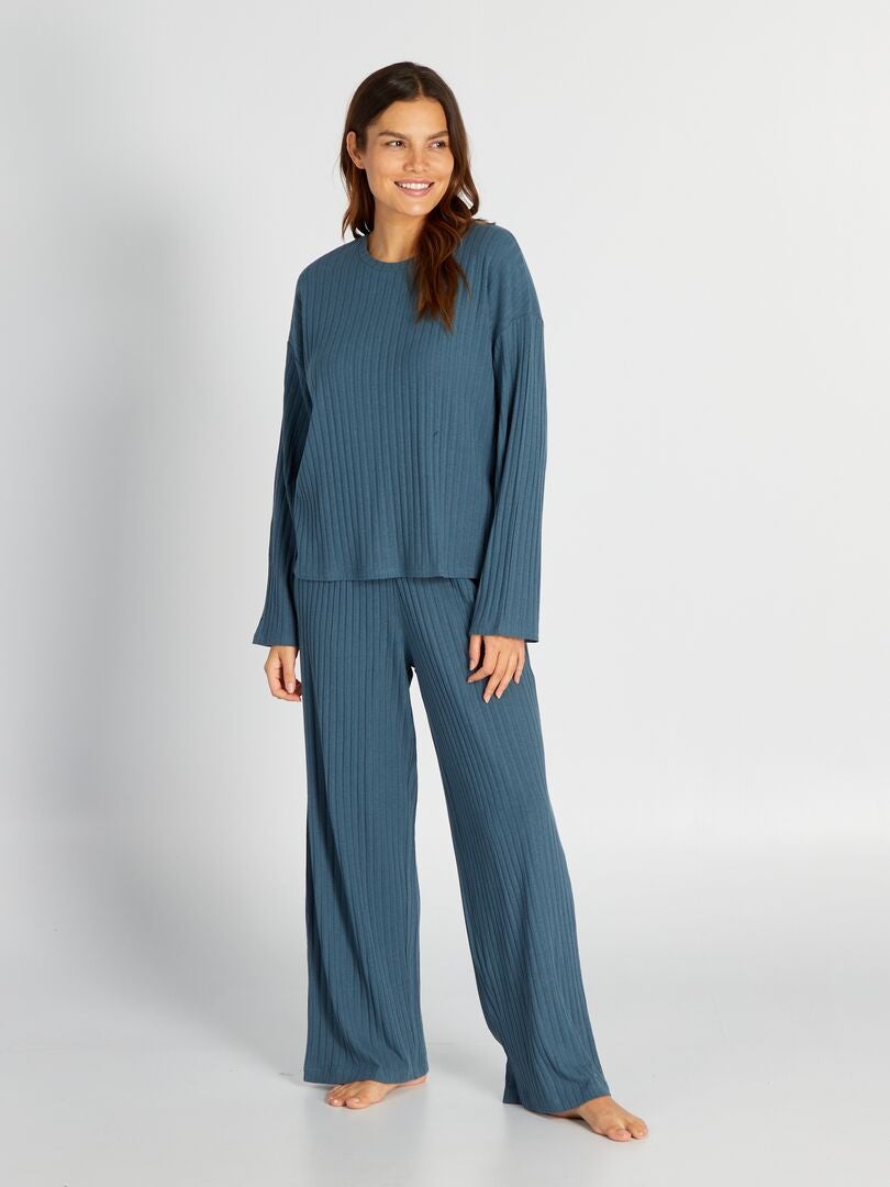 Ensemble pyjama côtelé t-shirt + pantalon - 2 pièces Bleu - Kiabi