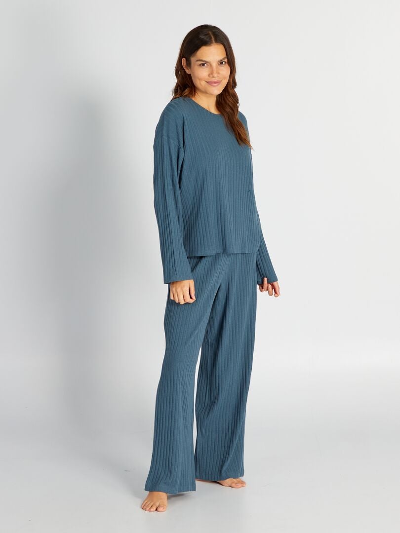 Ensemble pyjama côtelé t-shirt + pantalon - 2 pièces Bleu - Kiabi