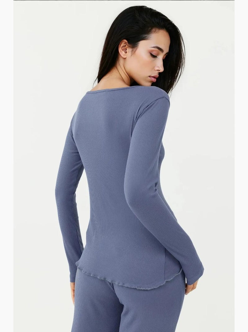 Ensemble pyjama coupe décontractée à col en v et jambes larges hiccup Bleu pastel - Kiabi