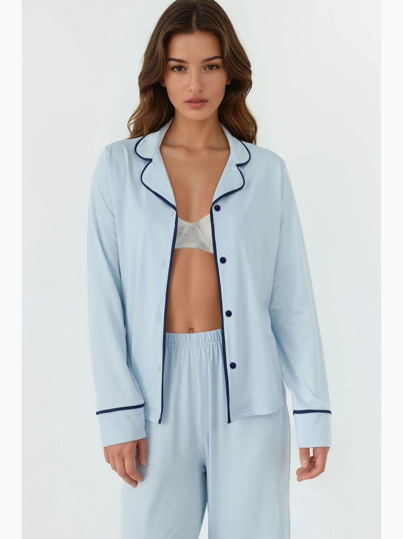 Ensemble pyjama coupe décontractée à manches longues et col chemise hiccup Bleu ciel - Kiabi