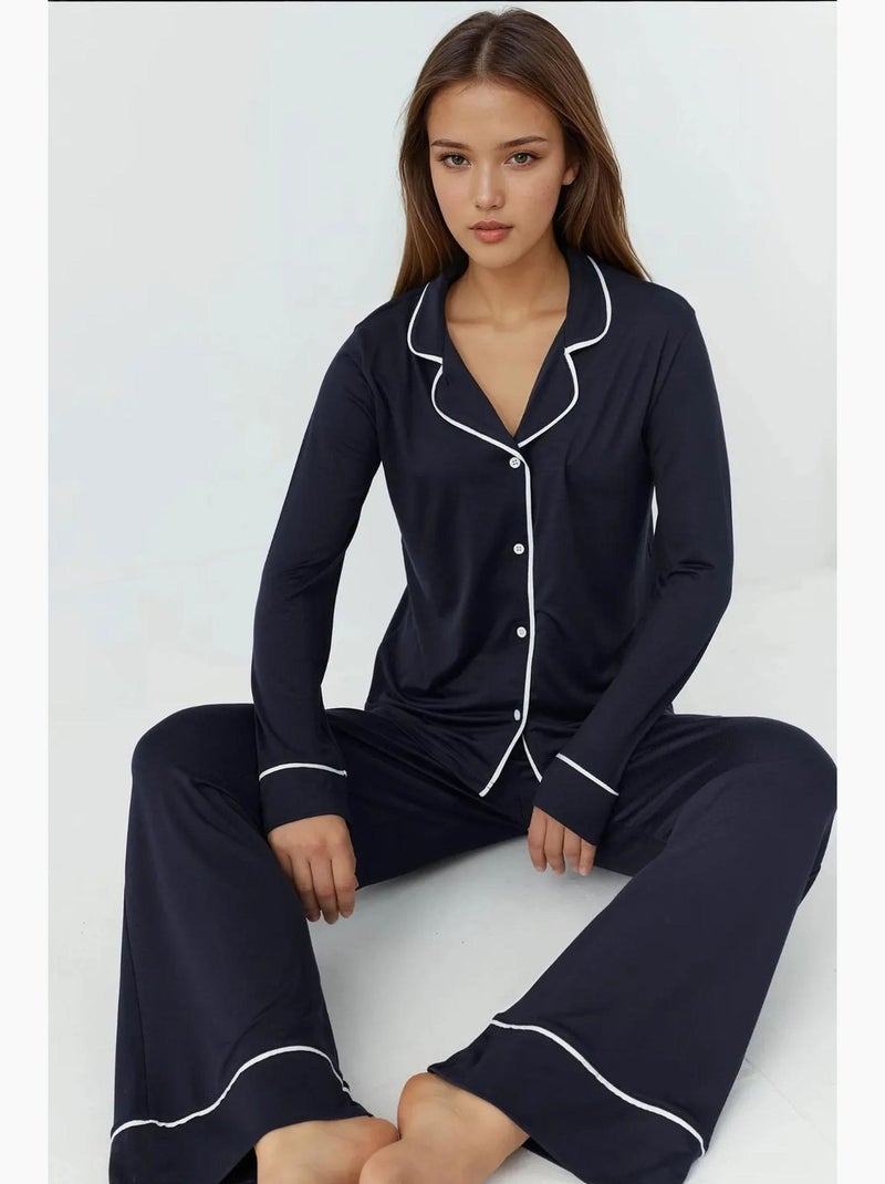 Ensemble pyjama coupe décontractée à manches longues et col chemise hiccup Bleu marine - Kiabi