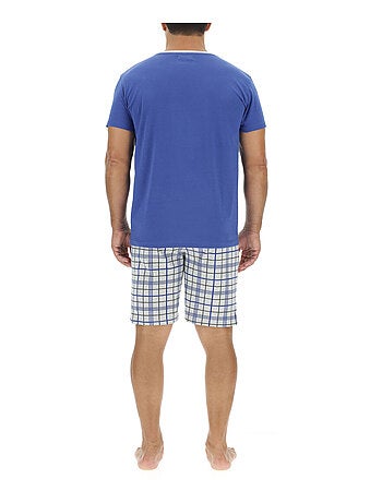 Ensemble Pyjama court homme en coton à carreaux et Logo poitrine Pierre Cardin