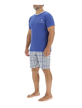 Ensemble Pyjama court homme en coton à carreaux et Logo poitrine Pierre Cardin