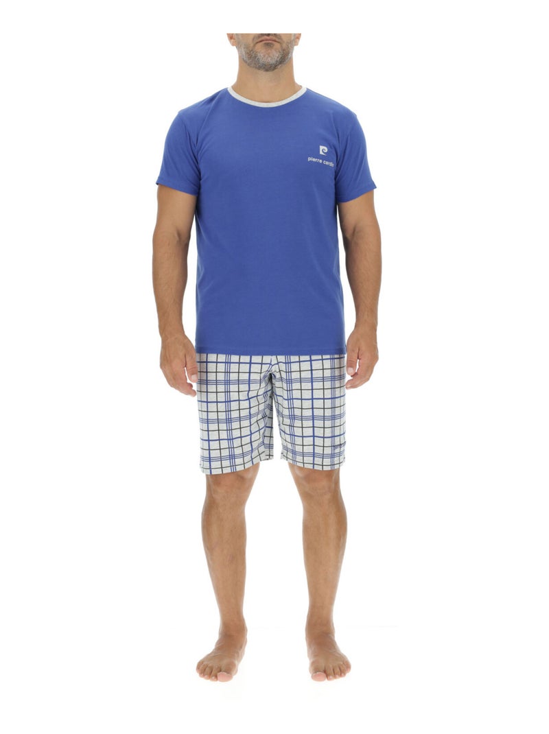 Ensemble Pyjama court homme en coton à carreaux et Logo poitrine Pierre Cardin Bleu - Kiabi