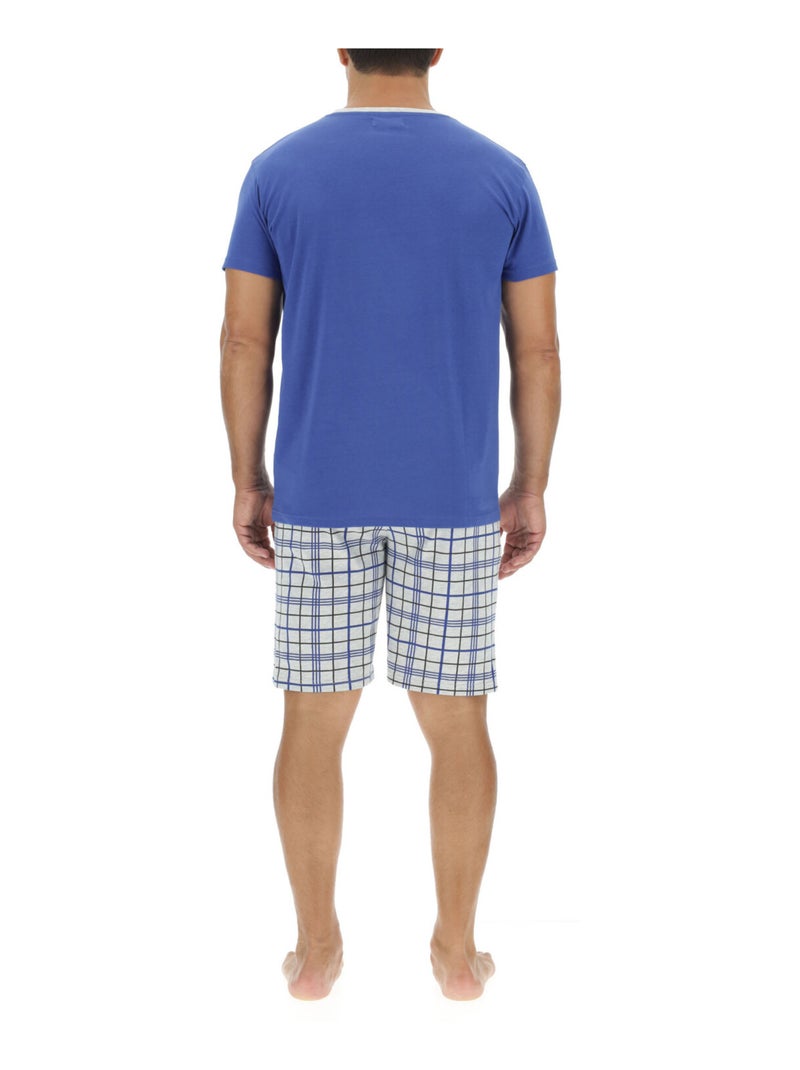 Ensemble Pyjama court homme en coton à carreaux et Logo poitrine Pierre Cardin Bleu - Kiabi