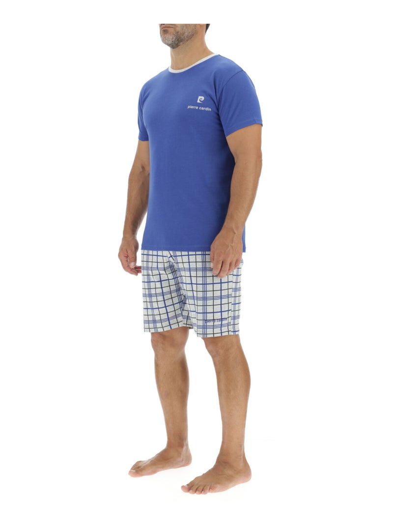 Ensemble Pyjama court homme en coton à carreaux et Logo poitrine Pierre Cardin Bleu - Kiabi