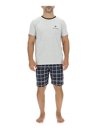 Ensemble Pyjama court homme en coton à carreaux et Logo poitrine Pierre Cardin