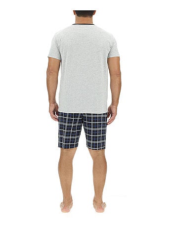 Ensemble Pyjama court homme en coton à carreaux et Logo poitrine Pierre Cardin