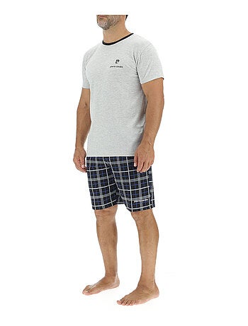 Ensemble Pyjama court homme en coton à carreaux et Logo poitrine Pierre Cardin