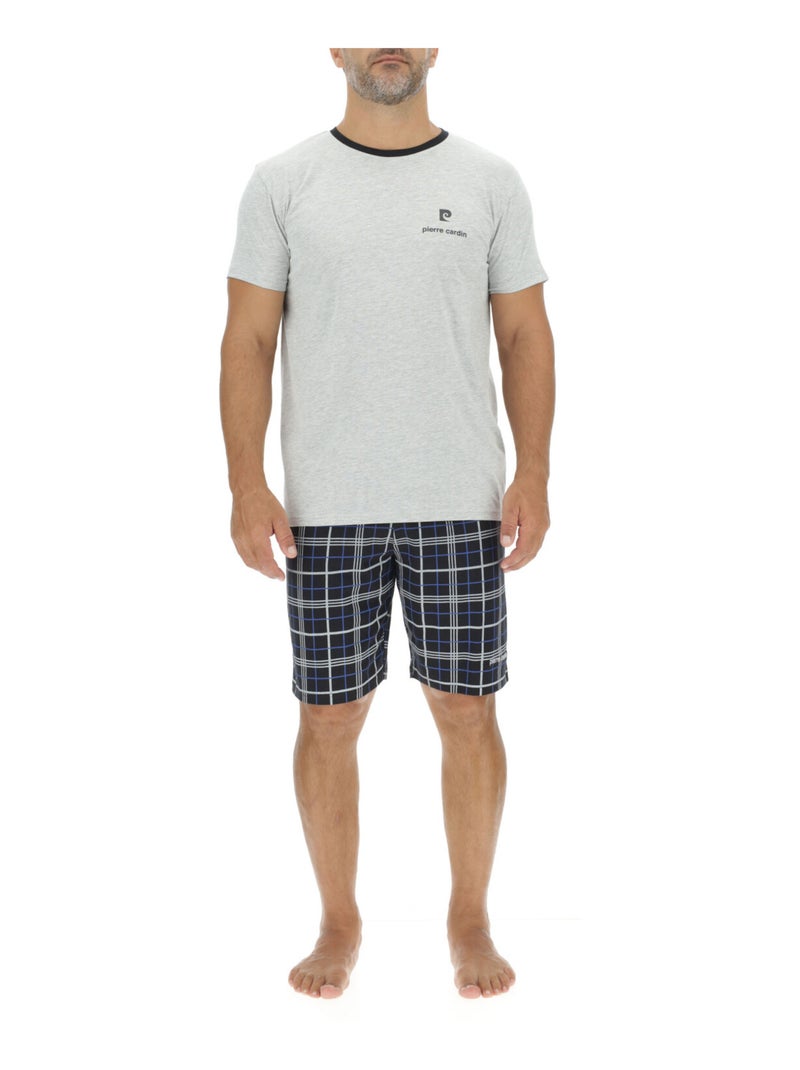 Ensemble Pyjama court homme en coton à carreaux et Logo poitrine Pierre Cardin Gris - Kiabi