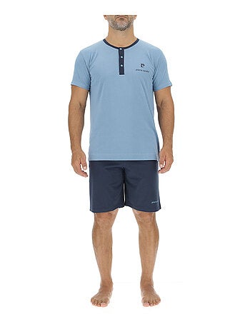 Ensemble pyjama court homme en coton uni col boutonné & logo poitrine pierre cardin
