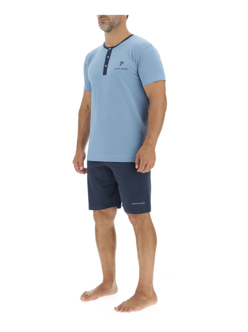 Ensemble pyjama court homme en coton uni col boutonné & logo poitrine pierre cardin Bleu - Kiabi