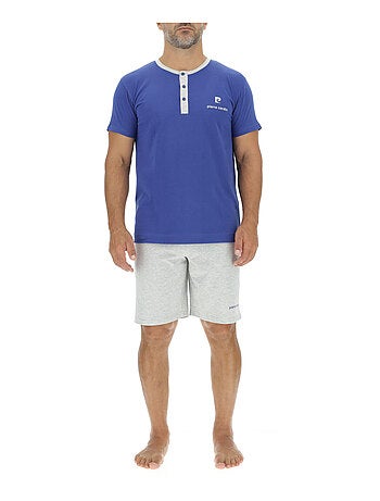 Ensemble Pyjama court homme en coton uni col boutonné & Logo poitrine Pierre Cardin
