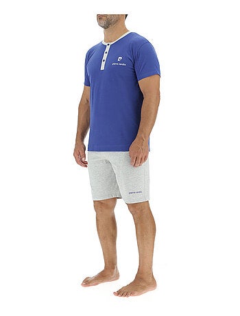 Ensemble Pyjama court homme en coton uni col boutonné & Logo poitrine Pierre Cardin