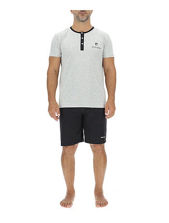 Ensemble Pyjama court homme en coton uni col boutonné & Logo poitrine Pierre Cardin