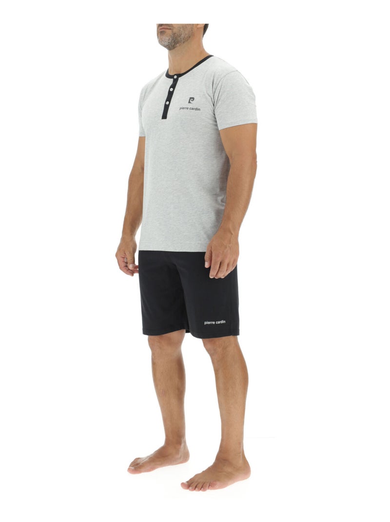 Ensemble Pyjama court homme en coton uni col boutonné & Logo poitrine Pierre Cardin Gris - Kiabi