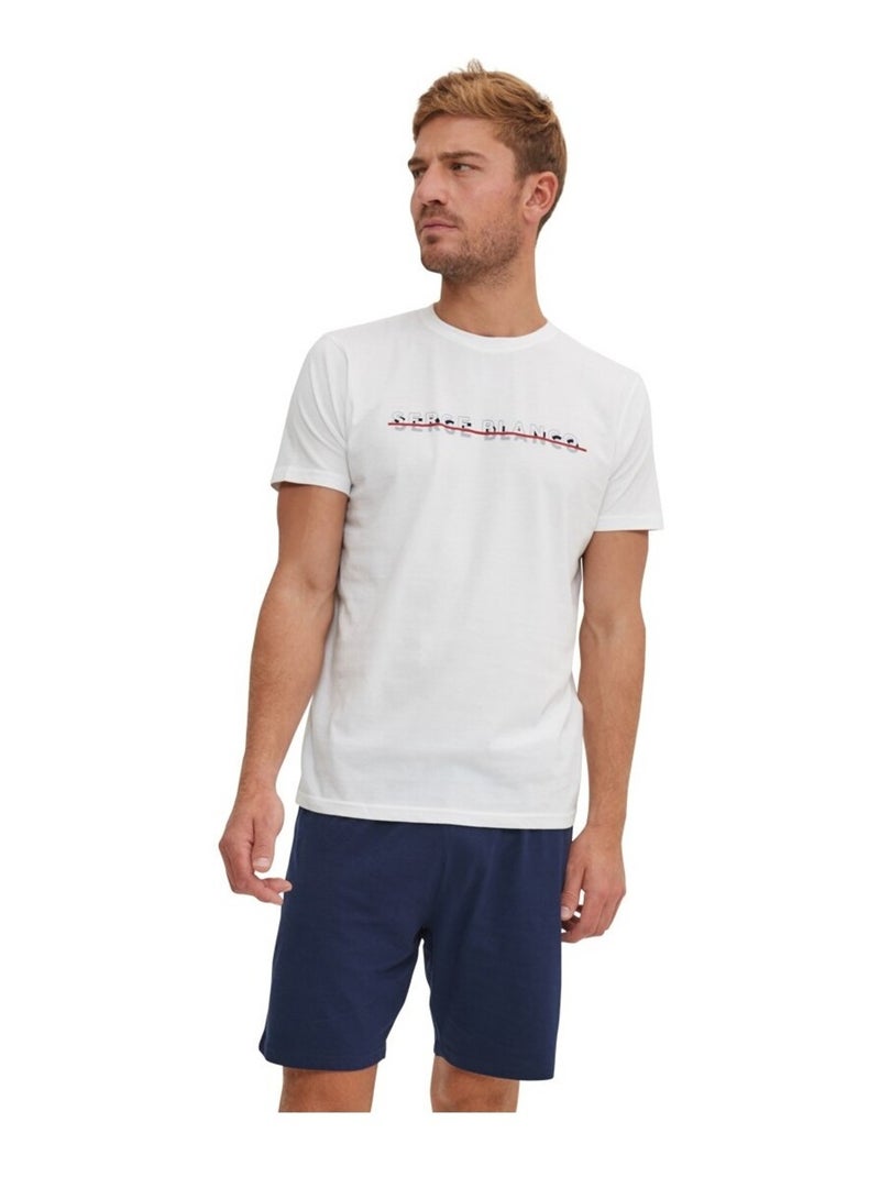 Ensemble Pyjama court Tshirt col rond homme en coton Serge Blanco Blanc Bleu - Kiabi