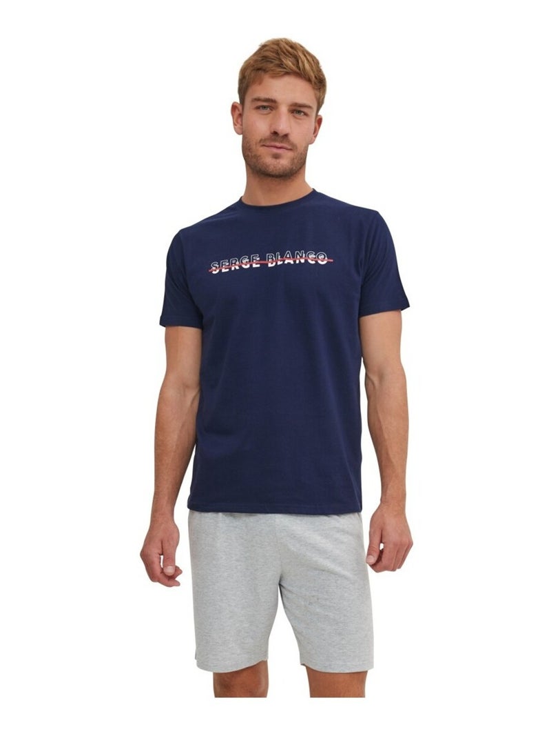 Ensemble Pyjama court Tshirt col rond homme en coton Serge Blanco Bleu Gris Blanc - Kiabi