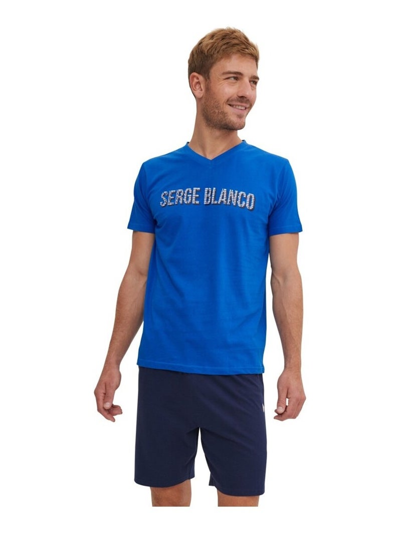 Ensemble Pyjama court Tshirt col V homme en coton Serge Blanco Bleu Blanc - Kiabi