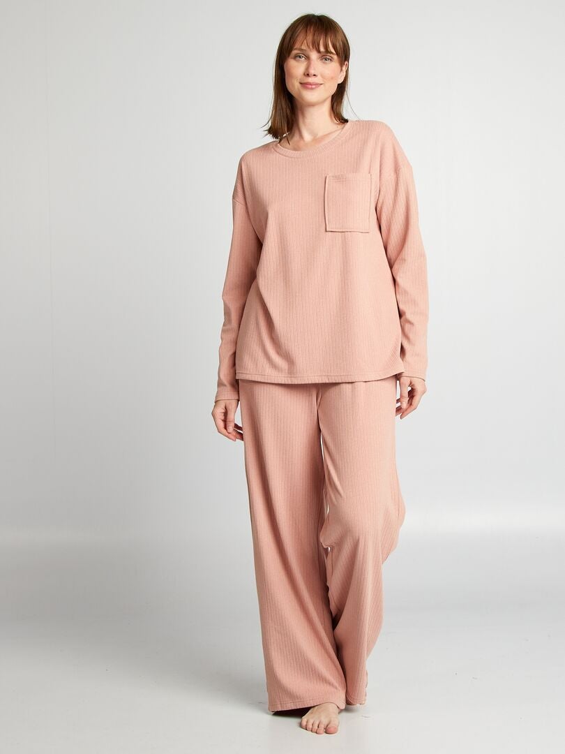 Ensemble pyjama effet côtelé maille douce rose foncé - Kiabi