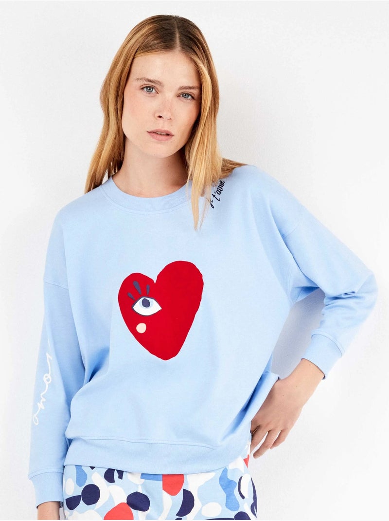 Ensemble pyjama en interlock à motifs coeurs Bleu clair - Kiabi