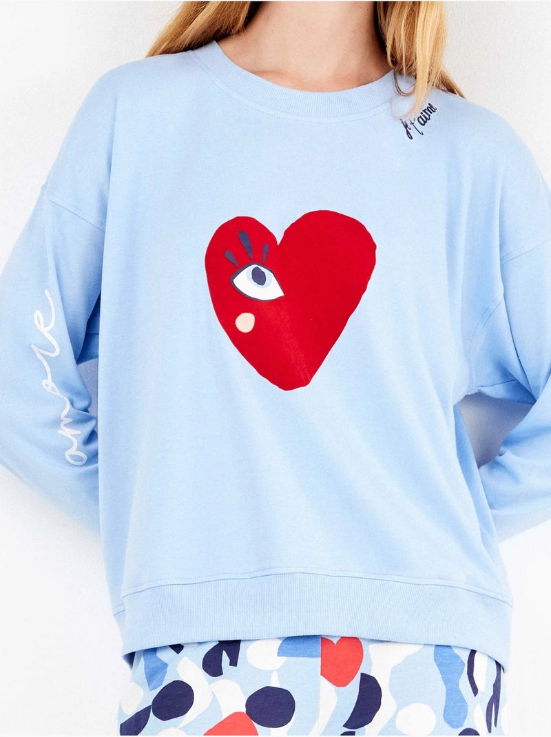 Ensemble pyjama en interlock à motifs coeurs Bleu clair - Kiabi