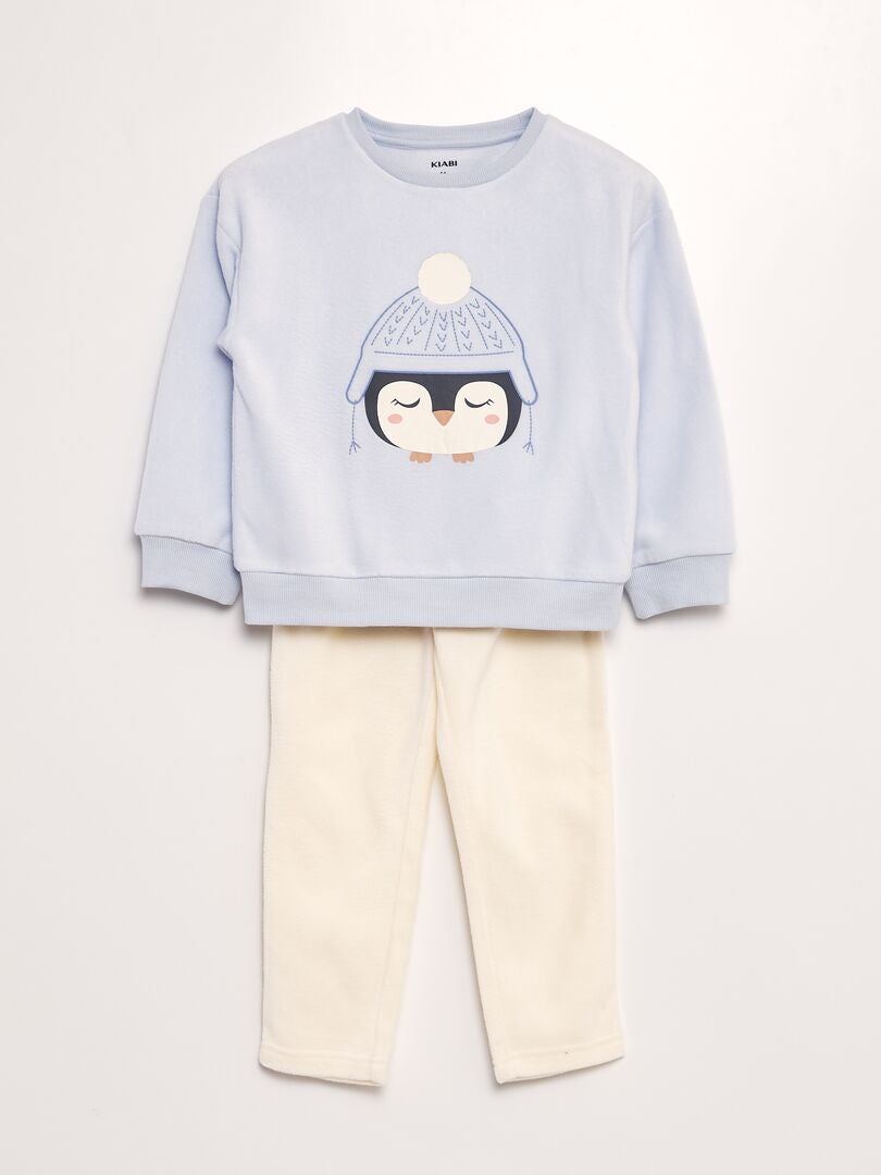 Ensemble pyjama en polaire imprimé t-shirt + pantalon - 2 pièces Bleu pingouin - Kiabi