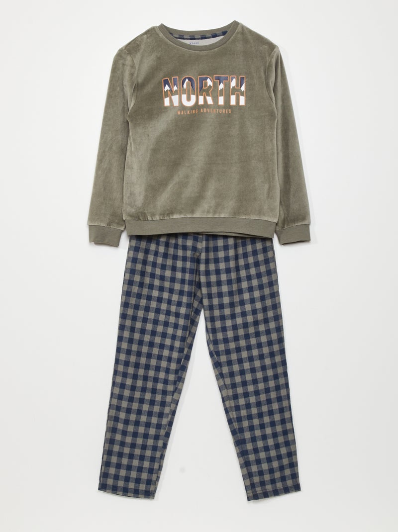 Ensemble pyjama en velours t-shirt + pantalon - 2 pièces Gris/kaki - Kiabi