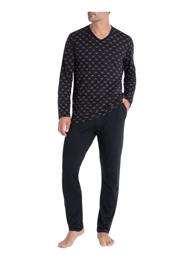 Ensemble pyjama long en coton et lyocell à motif graphique Enso Noir - Kiabi