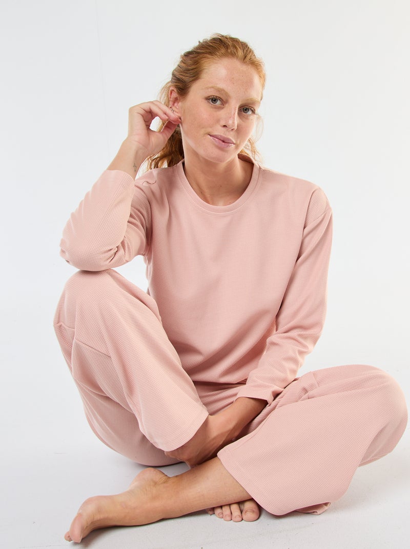 Ensemble pyjama long en maille gaufrée - 2 pièces Rose - Kiabi