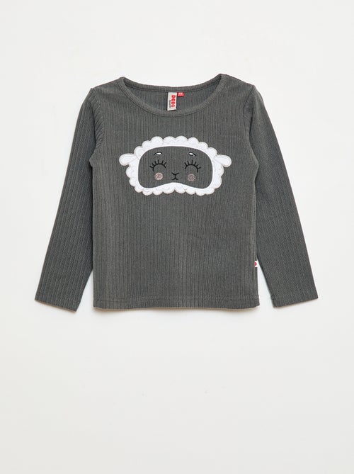 Ensemble pyjama long en matière douce et côtelée  t-shirt + pantalon - 2 pièces - Kiabi