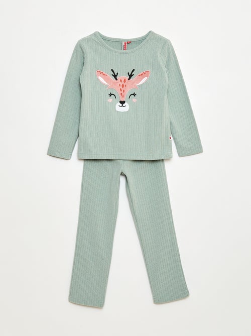 Ensemble pyjama long en matière douce et côtelée  t-shirt + pantalon - 2 pièces - Kiabi