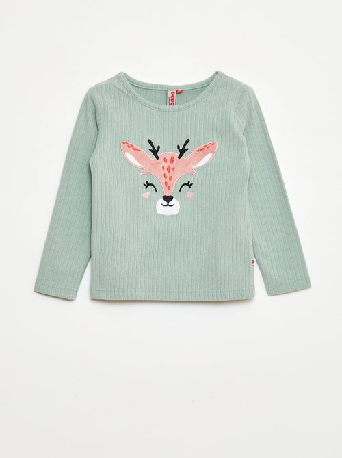 Ensemble pyjama long en matière douce et côtelée  t-shirt + pantalon - 2 pièces - Kiabi